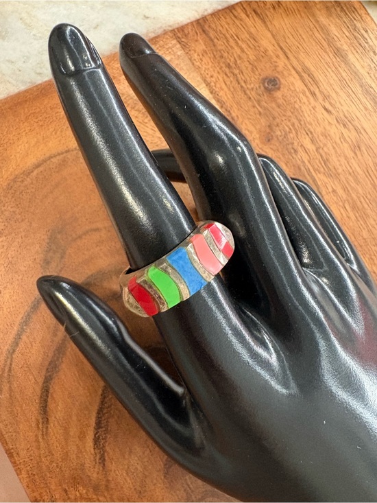 Jewelry - Vintage Colorful Sterling Silver With Striped Inlay Stones - Size 7.5